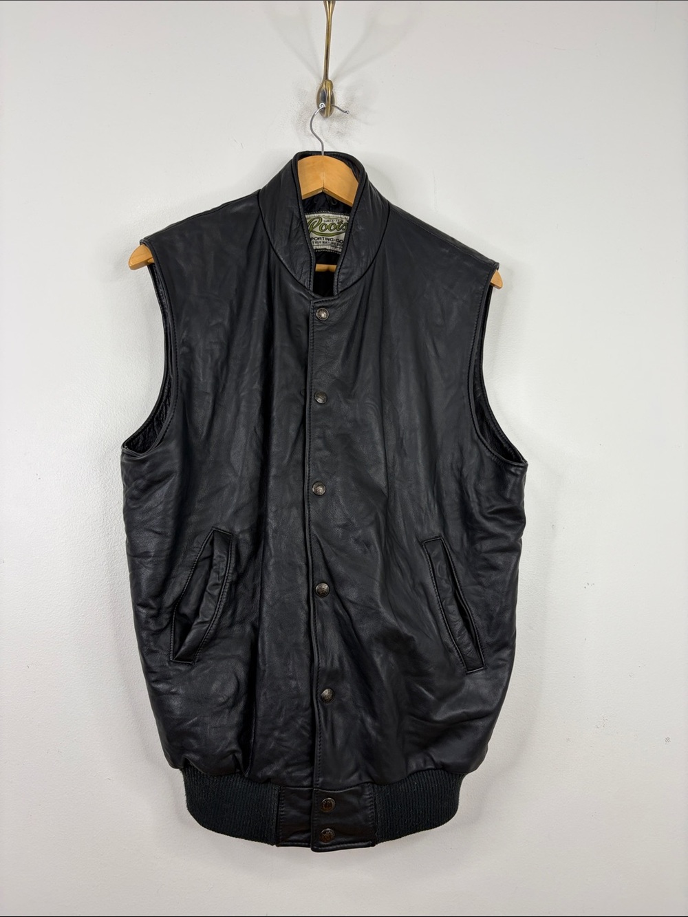 Roots Leather Vest Mens Large Black Bomber Made in Canada Classic Athletic